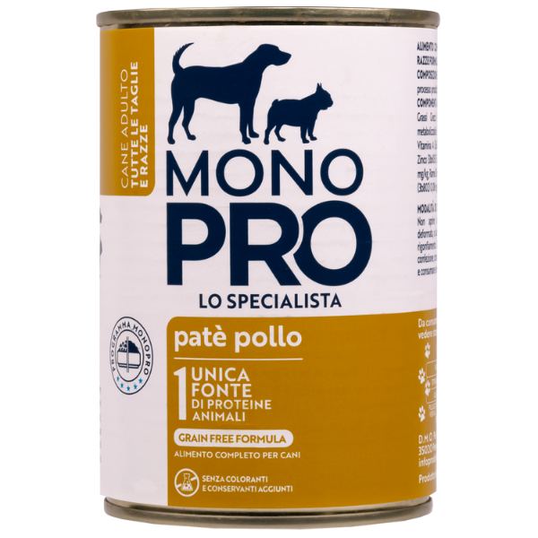 foto del prodotto monopro lo specialista adult all breeds pat grain free 400 gr pollo umido monoproteico cane 1 ordine scegli lo sconto bzr5 bzr20 200 punti fedelt 