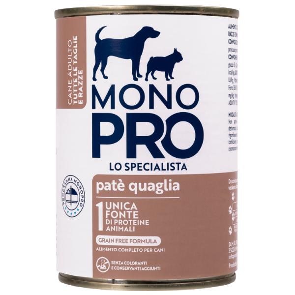 foto del prodotto monopro lo specialista adult all breeds pat grain free 400 gr quaglia umido monoproteico cane 1 ordine scegli lo sconto bzr5 bzr20 200 punti fedelt 