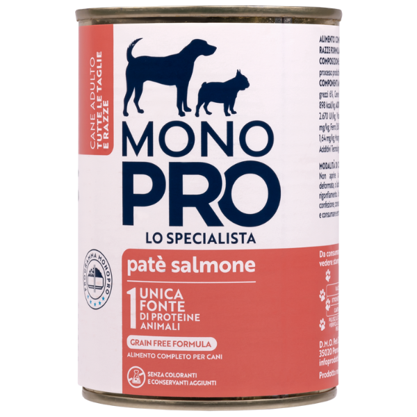 foto del prodotto monopro lo specialista adult all breeds pat grain free 400 gr salmone umido monoproteico cane 1 ordine scegli lo sconto bzr5 bzr20 200 punti fedelt 