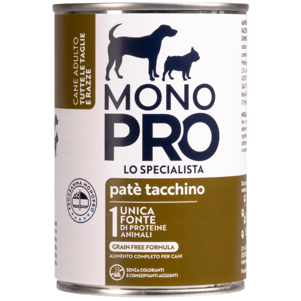 foto del prodotto monopro lo specialista adult all breeds pat grain free 400 gr tacchino umido monoproteico cane 1 ordine scegli lo sconto bzr5 bzr20 200 punti fedelt 
