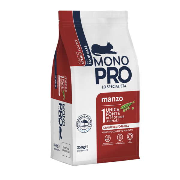 foto del prodotto monopro lo specialista cat adult sterilised grain free anti hairball manzo 350 gr cibo monoproteico gatto 1 ordine scegli lo sconto bzr5 bzr20 200 punti fedelt 