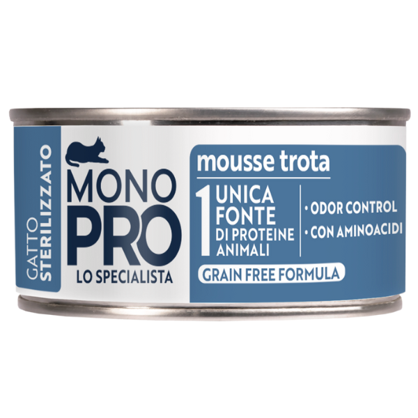 foto del prodotto monopro lo specialista cat adult sterilised grain free mousse 85 gr trota confezione da 6 pezzi cibo monoproteico gatto 1 ordine scegli lo sconto bzr5 bzr20 200 punti fedelt 