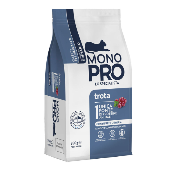 foto del prodotto monopro lo specialista cat adult sterilised grain free urinary trota - 350 gr scadenza 31 01 2026 - cibo monoproteico gatto - 1 ordine scegli lo sconto bzr5 bzr20 200 punti fedeltà