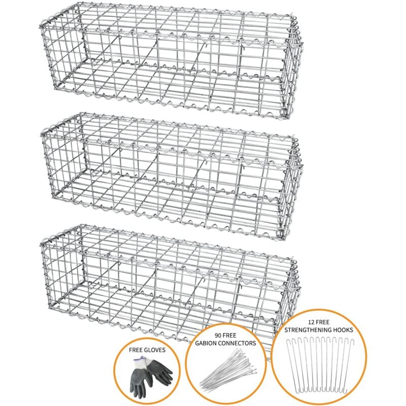 foto del prodotto monster-shop - monstershop - 3 gabbioni metallici per sassi da giardino e da esterno 100cm x 30cm x 30cm in acciaio galvanizzato