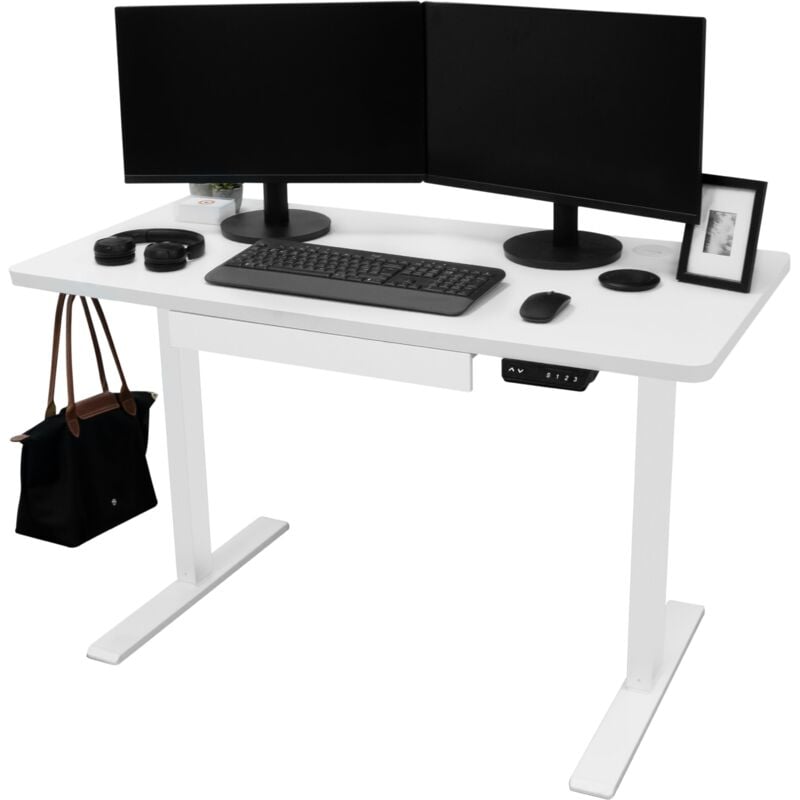 foto del prodotto monster shop scrivania elettrica regolabile 120 x 60cm bianca ergonomica altezza regolabile con cassetto integrato usb a usb c ricarica fori