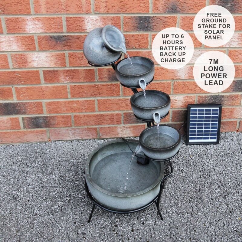 foto del prodotto monstershop - fontana solare a cascata da giardino con batteria di supporto da 6 ore fontanella con pannello solare e picchetto fontanella a vasi