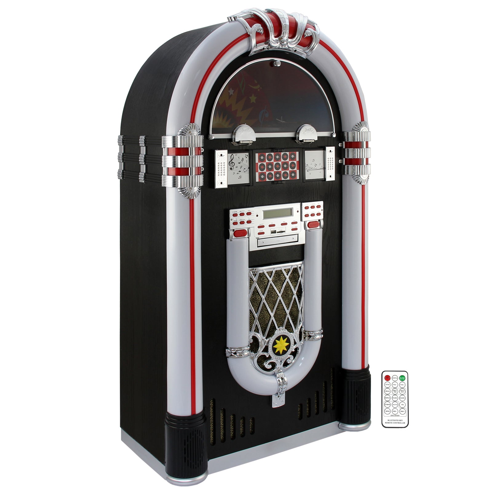 foto del prodotto monstershop jukebox anni 50 con vinile, cd, usb, bluetooth, sd mmc memory card, radio fm e aux 128cm x 64cm x 38cm