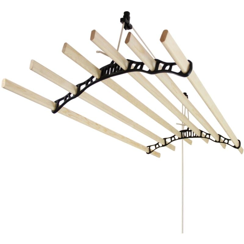 foto del prodotto monstershop stendibiancheria da soffitto con 6 stecche di legno 180cm e supporti in ghisa neri per asciugare vestiti, indumenti e biancheria