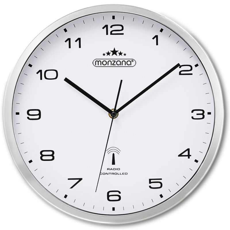 foto del prodotto monzana orologio da parete color argento bianco al quarzo automatico orologio da muro radiocontrollato analogico 31cm