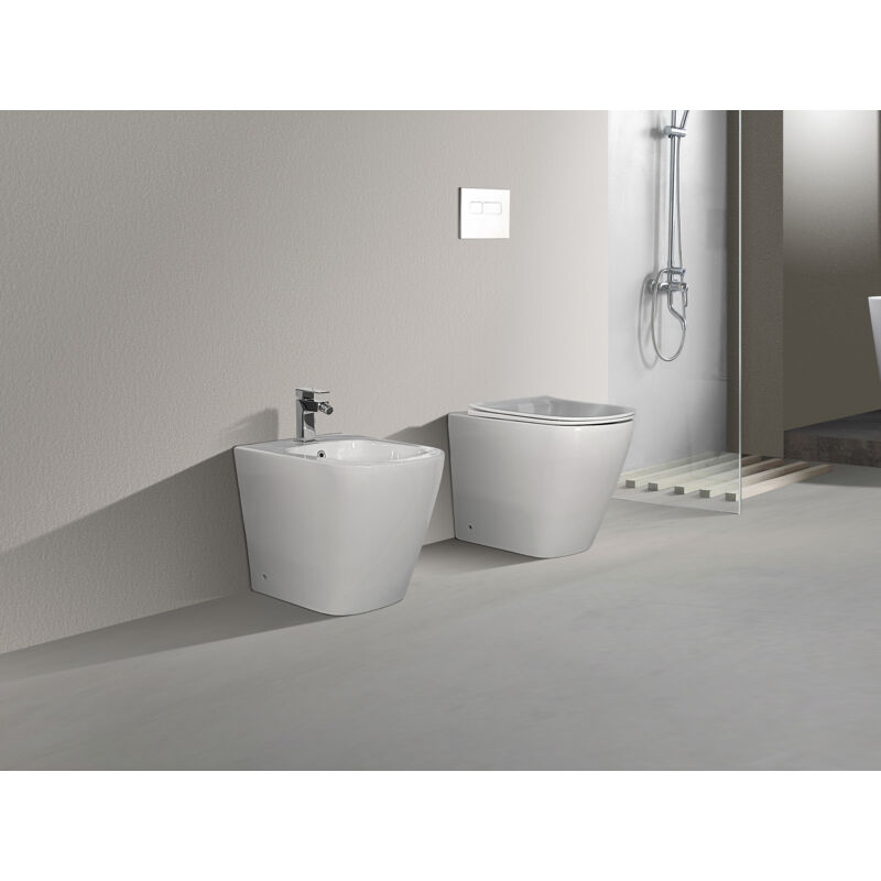 foto del prodotto moon coppia di sanitari a terra senza brida con scarico rimless , wc , bidet e coprivaso soft close , fissaggi e curva tecnica inclusa nala