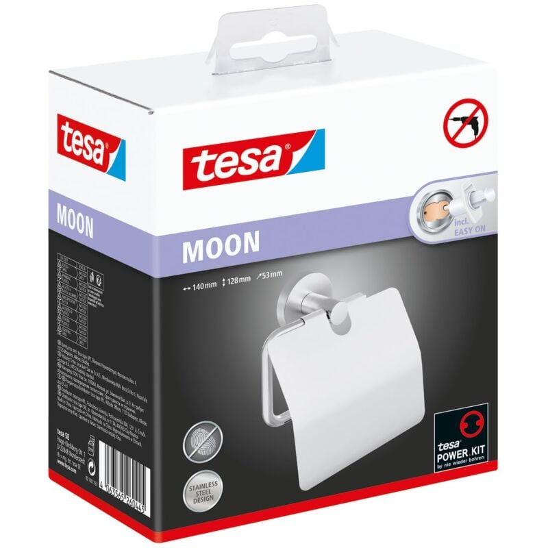foto del prodotto moon portarotolo wc con coperchio porta carta igienica adesivo in metallo cromato lucido senza perforazione, per bagni colla rimovibile inclusa,