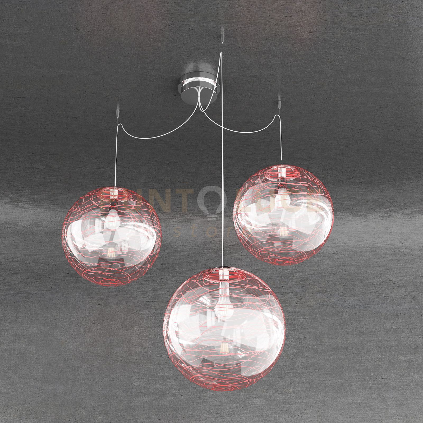 foto del prodotto moon sospensione 3 luci d.30 cm. vetro rosso 1117 s3 30 ro