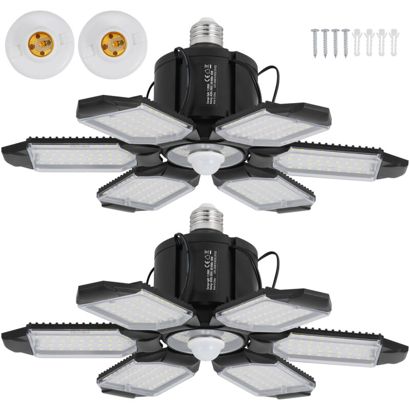 foto del prodotto mophorn 2 confezioni di luci led da garage 15.000lm, 6500k soffitto con sensore di movimento e 6 pannelli deformabili, e26 e27, super luminosa