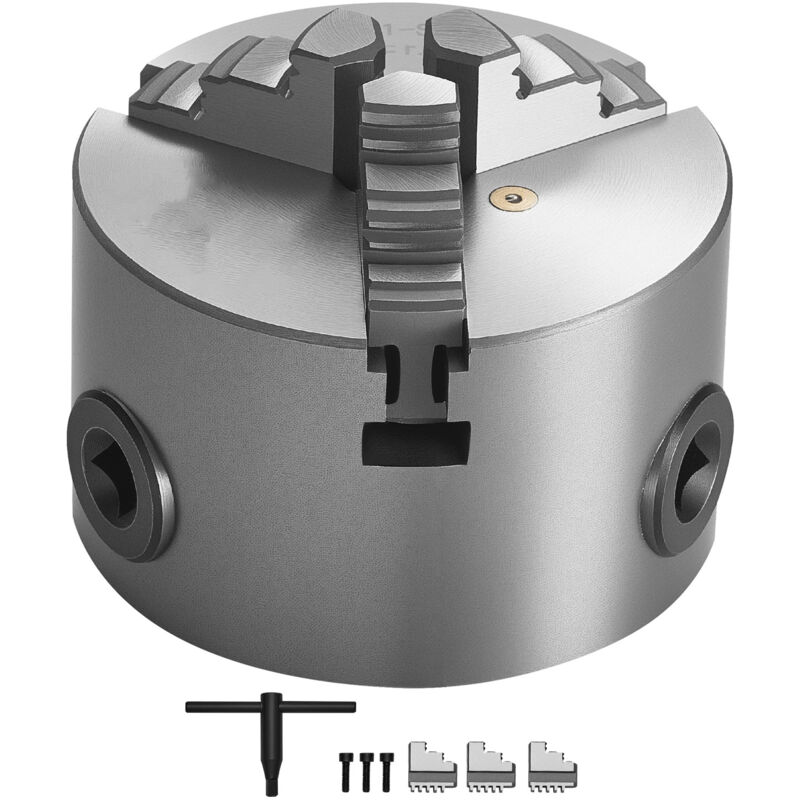 foto del prodotto mophorn 3 inch 80mm 3 jaw tornio chuck, self centering design, 0, 08 2, 48 in 2 63mm gamma di serraggio, include t key e mascelle reversibili,