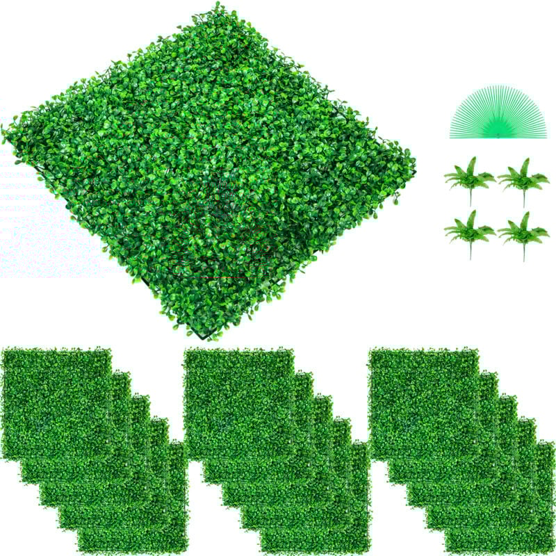 foto del prodotto mophorn 48 pannelli di bosso artificiale, 10 x10 pannelli di siepe resistenti ai raggi uv da 4 cm, muro di sfondo in erba finta per recinzione