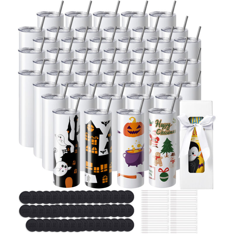 foto del prodotto mophorn 50 confezioni di bicchieri per sublimazione dritti, 20 oz, acciaio inossidabile, personalizzabili con accessori e confezione regalo