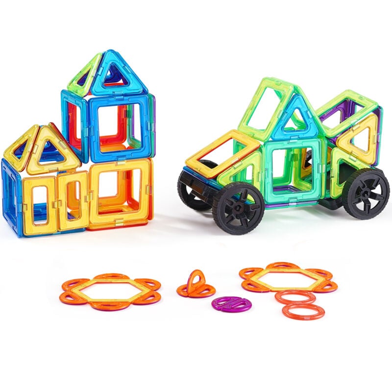 foto del prodotto mophorn 62 pezzi set di blocchi magnetici da costruzione con ruote, piastrelle magnetiche educative stem per bambini, giocattoli da costruzione e