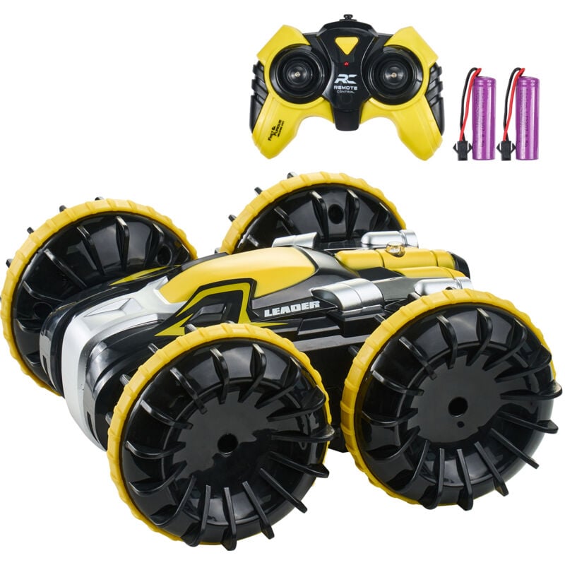 foto del prodotto mophorn barca veicolo telecomandata anfibia, 2.4ghz 12 km h, 4wd impermeabile rc giocattolo per bambini, 360 rotazione stunt car con 2 batterie,