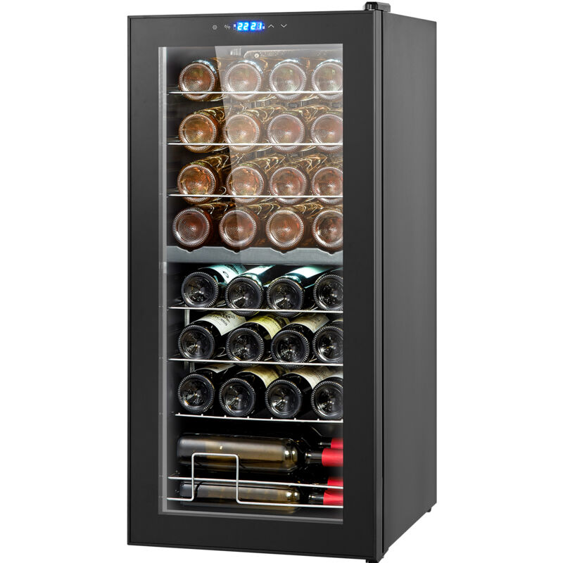 foto del prodotto mophorn cantinetta per vini portabottiglie capienza 32 bottiglie, frigo per vini doppia zona doppia temperatura, conservazione di vini rossi e