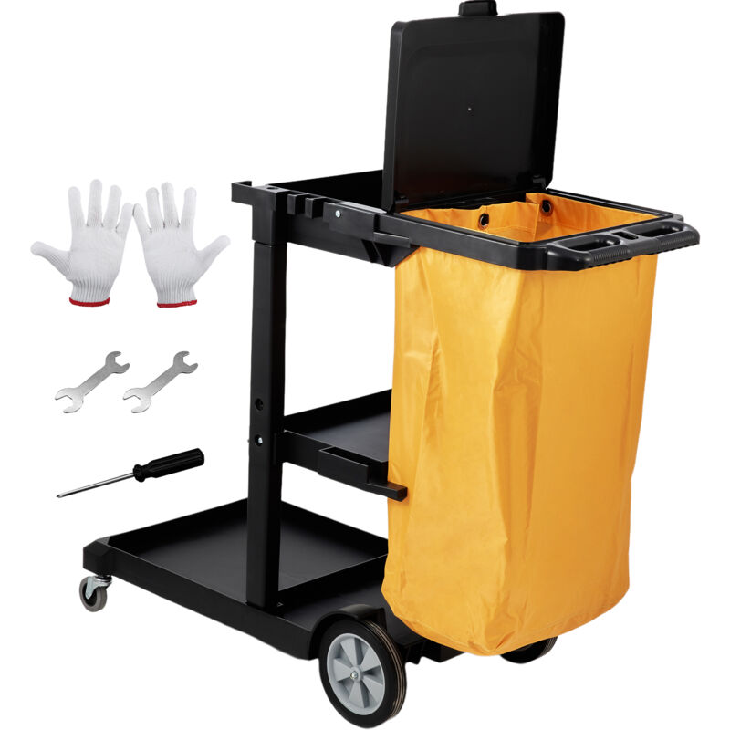 foto del prodotto mophorn carrello per pulizia commerciale a 3 livelli, capacit 200 libbre, carrello per pulizia domestica in plastica con sacco e coperchio in pvc