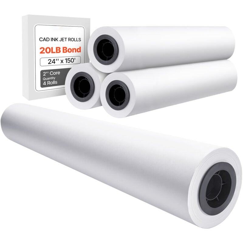 foto del prodotto mophorn carta per plotter wide format, 24 in x 150 ft, 4 rotoli cad rotoli di obbligazioni con anima da 2 in, rotoli di carta bond da 20 lb, ideali