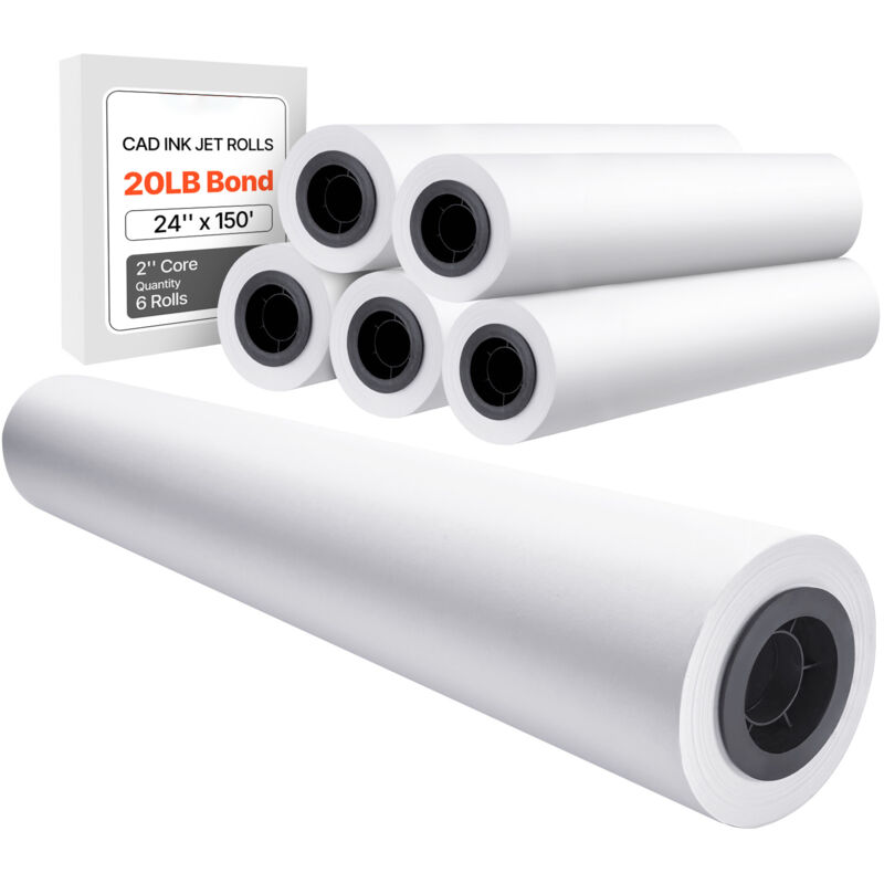 foto del prodotto mophorn carta per plotter wide format, 24 x 150 piedi, 6 rotoli, carta bond da 20 libbre con anima da 2 pollici, ideale per disegni cad, progetti