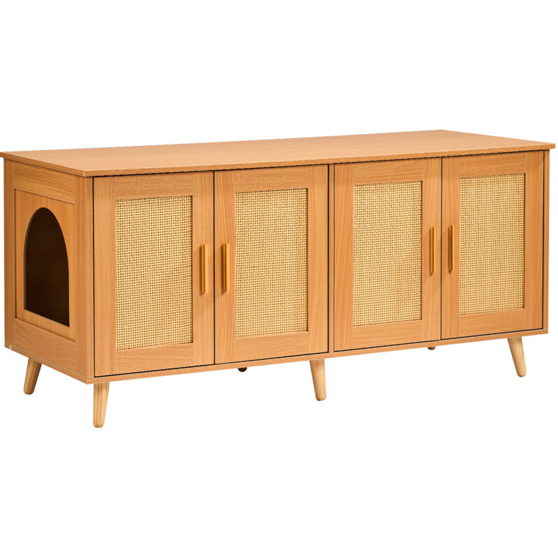 foto del prodotto mophorn copertura per lettiera per 2 gatti, toilette per gatti con ante decorate in rattan, armadietto in legno per nascondere lettiere per gatti,