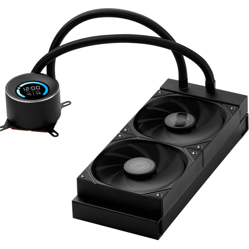 foto del prodotto mophorn dissipatore di calore a liquido per cpu aio, dotato di 2 ventole pwm da 120 mm, con display lcd di dimensioni 283 x 120 x 56 mm,