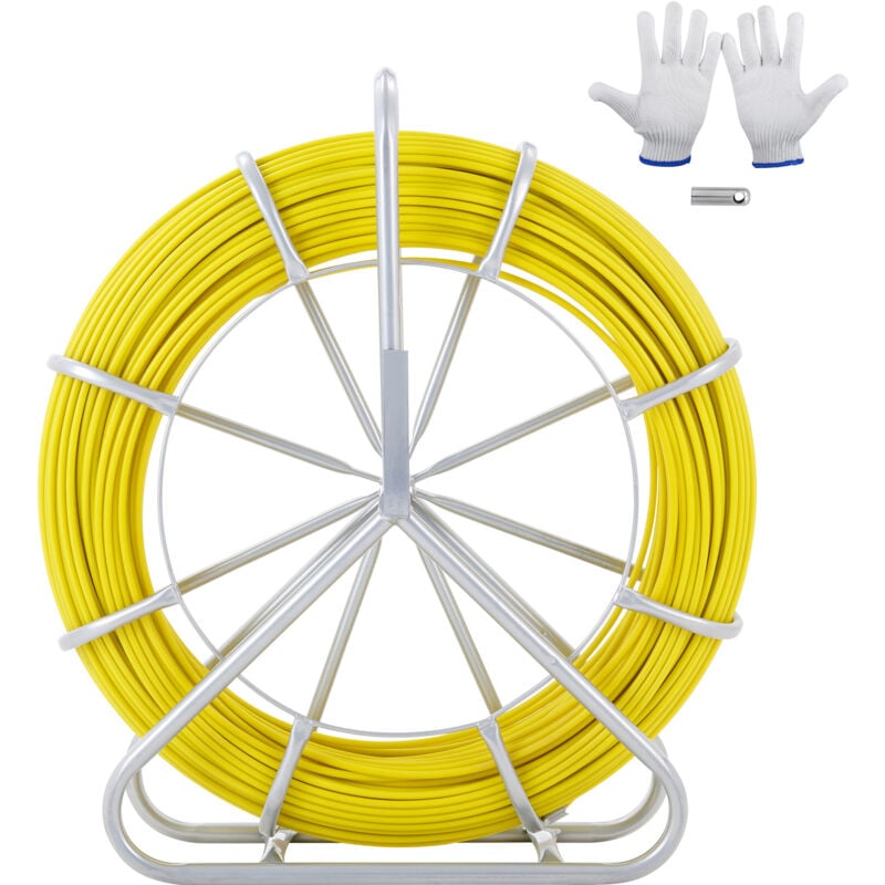 foto del prodotto mophorn fiberglass fish tape, 656 piedi, 1 4 pollice, duct rodder wire puller, supporto per bobina in acciaio, 3 teste di trazione, non conduttivo,