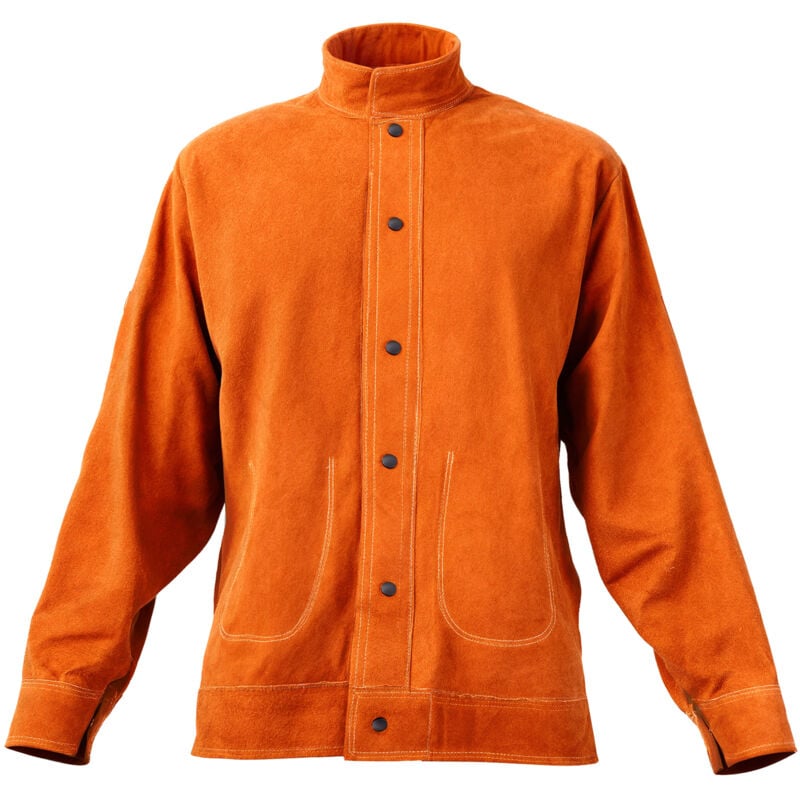 foto del prodotto mophorn giacca da saldatura ignifuga, taglia l, in pelle bovina resistente, impermeabile, resistente al calore, con bottoni automatici, 4 tasche