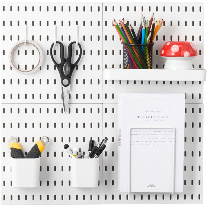 foto del prodotto mophorn kit combinato pannello forato, pannello forato in plastica da 11 x 11, 4 pannelli, kit organizer da parete con accessori per garage,