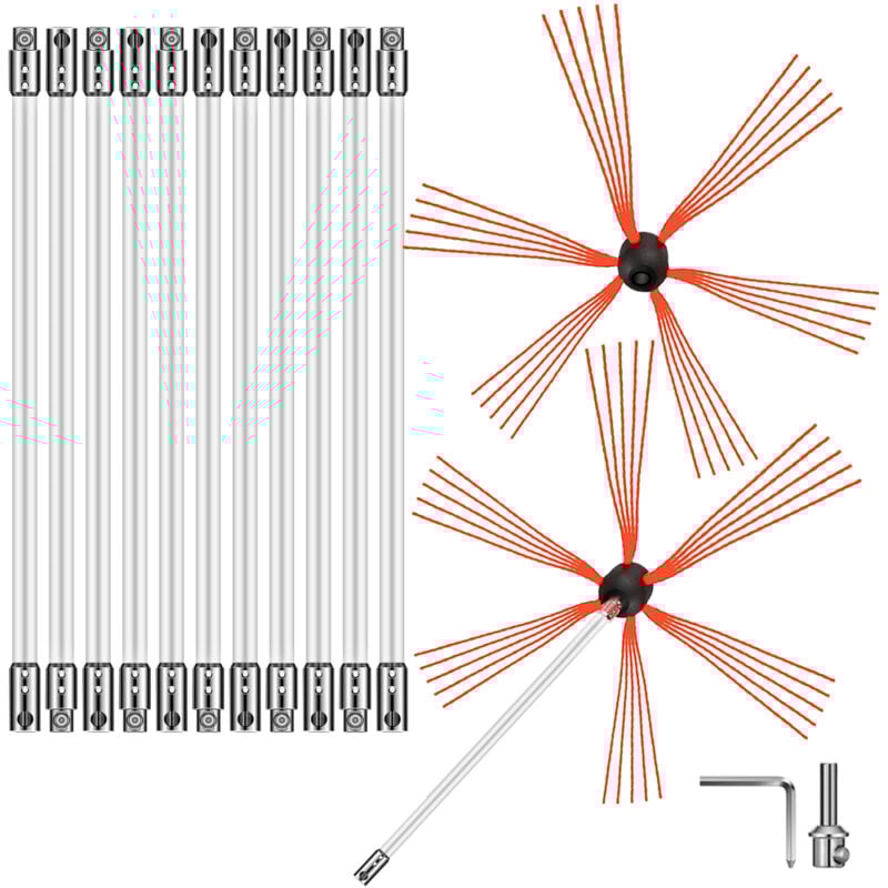 foto del prodotto mophorn kit di aste spazzacamino flessibili da 39 piedi nylon, 2 testine per spazzole, 12 aste bianche, easy connect strumento per la pulizia