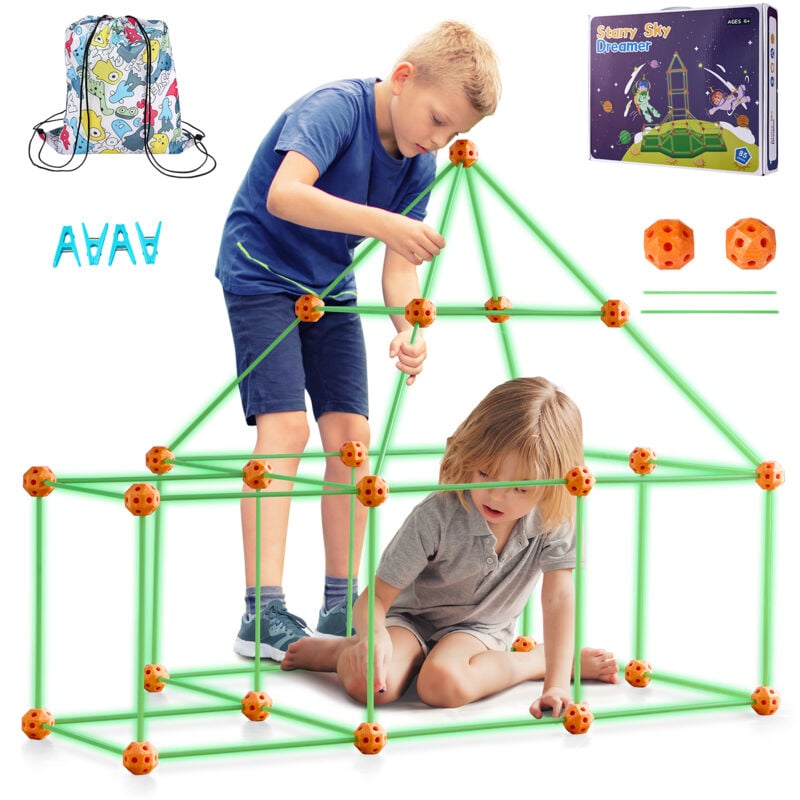 foto del prodotto mophorn kit di costruzione per forte per bambini 85 pcs, set di costruzioni per tende da gioco che si illumina a buio, regalo per bambini dai 4