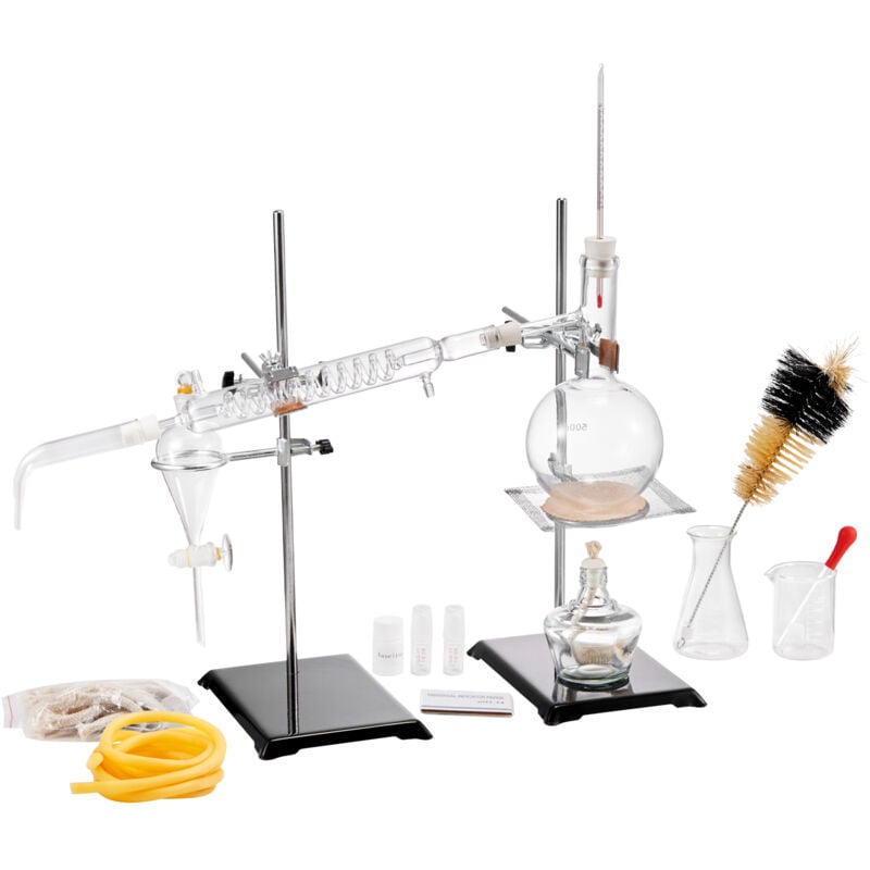 foto del prodotto mophorn kit di distillazione di oli essenziali, 500 ml, kit di distillazione di vetreria da laboratorio 3.3 boro con lampada ad alcool, rete in