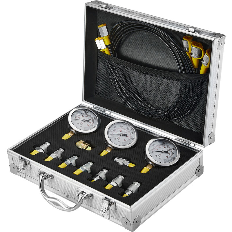 foto del prodotto mophorn kit di prova della pressione idraulica, 250 400 600 bar, 3 manometri, 9 giunti, 3 tubi flessibili, set portatile per escavatori e