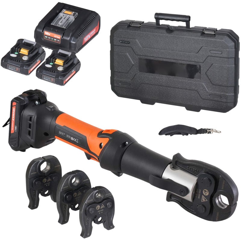 foto del prodotto mophorn kit di utensili per pressatura e batteria, utensile elettrico per crimpatura di tubo con ganasce m15, m22, m28, 2 batterie da 20 v 2,0 ah,