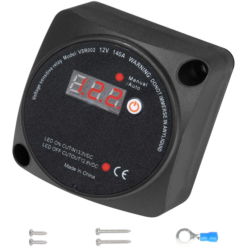 foto del prodotto mophorn kit isolatore doppia batteria, 12v 140a, manuale e automatica rele sensibile alla tensione vsr con schermo lcd, isolatore batteria per atv