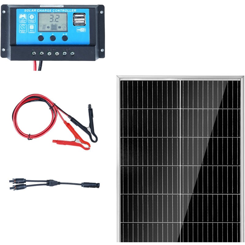 foto del prodotto mophorn kit pannello solare monocristallino 100 w con regolatore di carica, kit di pannello fotovoltaico monocristallino 12 v impermeabile ip68 per