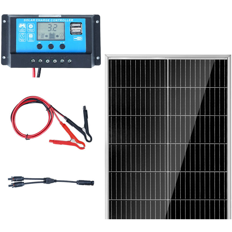 foto del prodotto mophorn kit pannello solare monocristallino 100wx2 pezzi con regolatore di carica, modulo fotovoltaico monocristallino impermeabile ip68 per