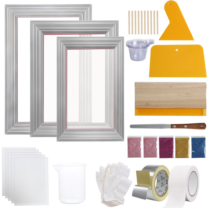 foto del prodotto mophorn kit per stampa serigrafica, 3 telai in alluminio 6 x10 , 8 x12 , 10 x14 110 maglie, include 5 glitter, racle per stampa serigrafica e