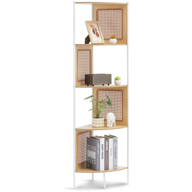 foto del prodotto mophorn libreria angolare in rattan, scaffale a scala a 5 ripiani con struttura in metallo, scaffale angolare stretto e aperto per biblioteca, sala