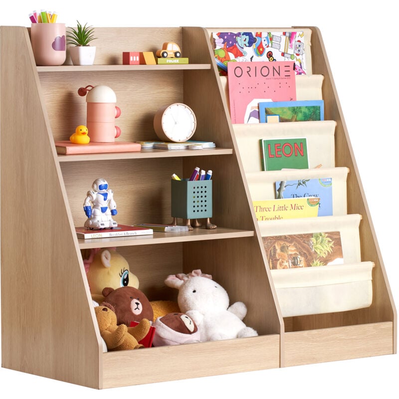 foto del prodotto mophorn libreria in legno per bambini a 4 ripiani, design a fascia a sei strati, scaffale per libri e giocattoli per neonati, mobiletto organizer