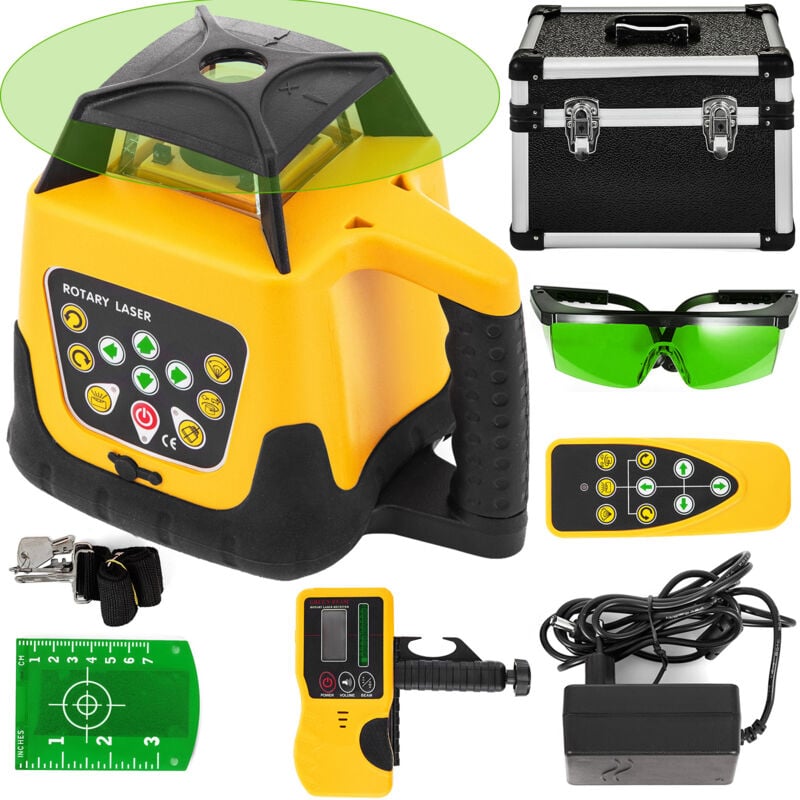 foto del prodotto mophorn livella laser rotante a raggio verde 500 m di raggio deazione pendenza regolabile a 360 gradi rotazione accurata con ricevitore telecomando