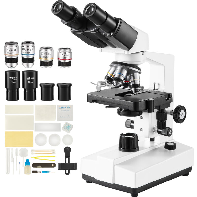 foto del prodotto mophorn microscopio composto binoculare, ingrandimento 40x 2500x, microscopio da laboratorio con illuminazione a led, tavolino meccanico a due