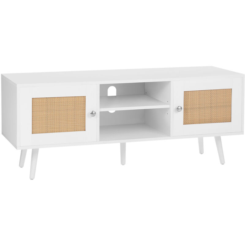 foto del prodotto mophorn mobile tv in rattan, mobile tv boho per tv, moderno di meta secolo, console tv rattan con ripiani regolabili soggiorno, sala multimediale,