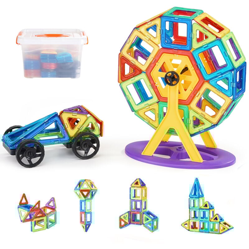 foto del prodotto mophorn piastrelle magnetiche, 123 pezzi per bambini, set di costruzioni con extra, giocattoli stem per bambini dai 5 anni in su