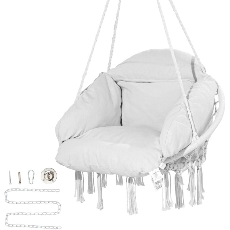 foto del prodotto mophorn poltrona sospesa, 120kg, poltrona sospesa girevole in macrame, cuscino, materiali montaggio, corda di cotone, poltrona relax con frange,