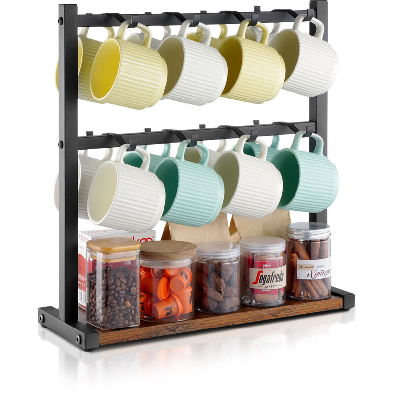 foto del prodotto mophorn porta tazze da caff a 16 ganci per bancone, porta tazze a 2 livelli con base portaoggetti, supporto in acciaio al carbonio e legno per