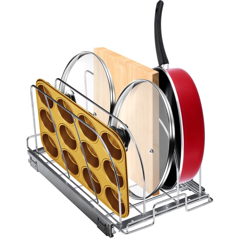 foto del prodotto mophorn portaoggetti scorrevole per pentole da cucina con coperchio espandibile 21,6x53,3x22,4cm, porta pentole estraibile sottolavello 3 divisori