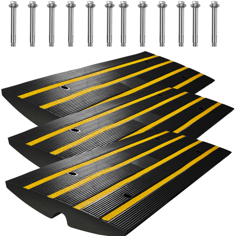 foto del prodotto mophorn rampa per soglia in gomma 3 pezzi altezza 6,5cm capacita max. 15 tonnellate per veicoli, rampa per soglia superficie antiscivolo con canale